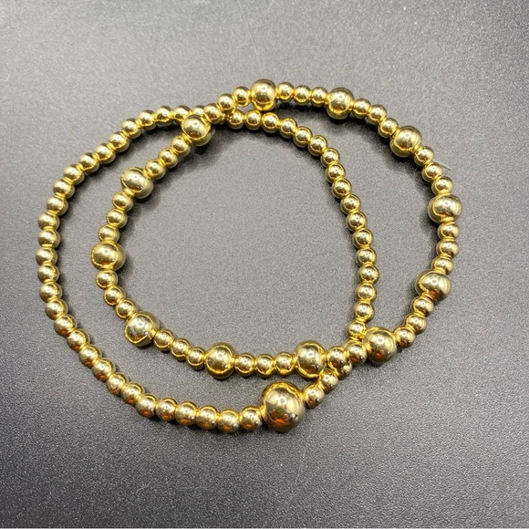 Gold Tone Bracelets Metal Beads Stretchy Shiny - Picture 2 of 3